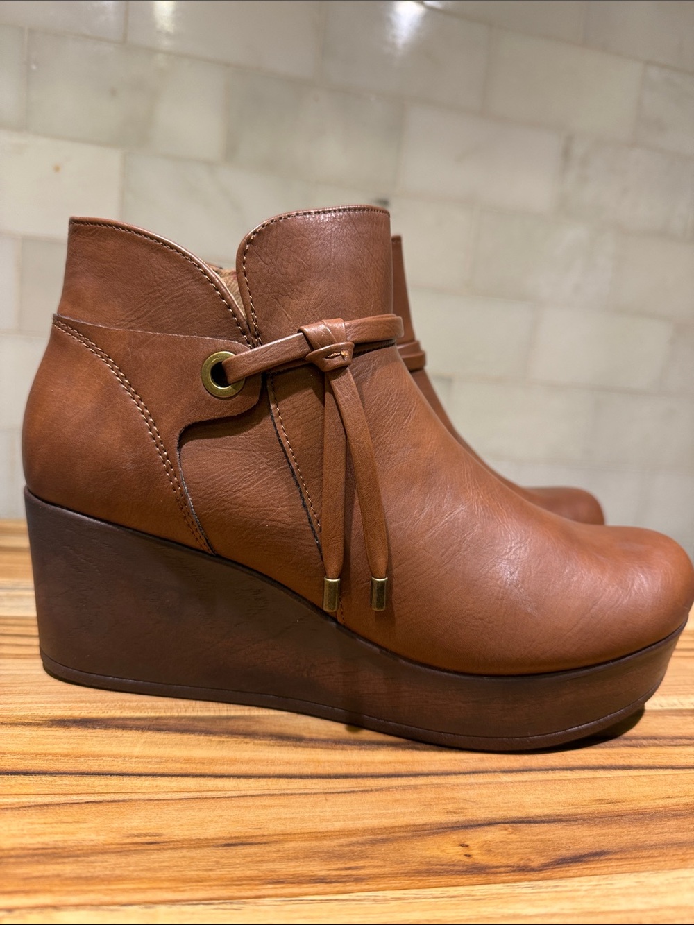b.o.c. Brown Wedge Ankle Boot with Tie Detail 9.5